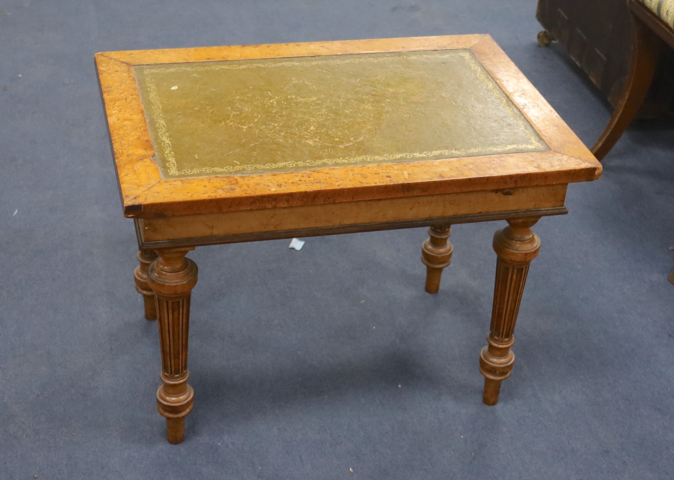 A Victorian bird's eye maple veneered leather-topped rectangular topped occasional table (ex bidet), width 66cm, depth 45cm, height 48cm